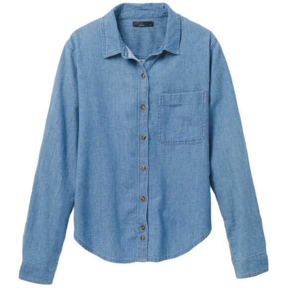 Prana Shirt Womens SZ Small Washed Out Denim Chambray 100% Organic Cotton Simple - Picture 4 of 15